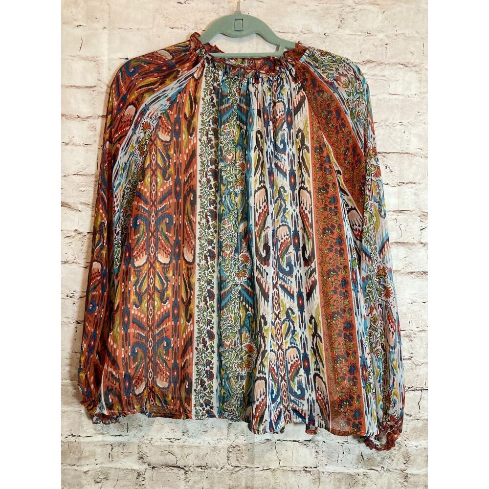 Chenault Top Womens Large Multicolor Mixed Print Balloon Sleeve Hippie Ruffles